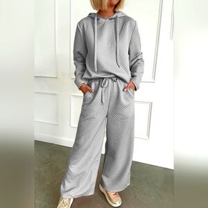 Gray Solid Color Drawstring Hoodie & Wide Leg Pants Set